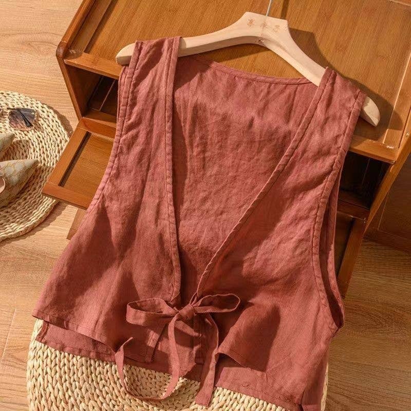 Lightweight cotton blend tie-front cardigan vest