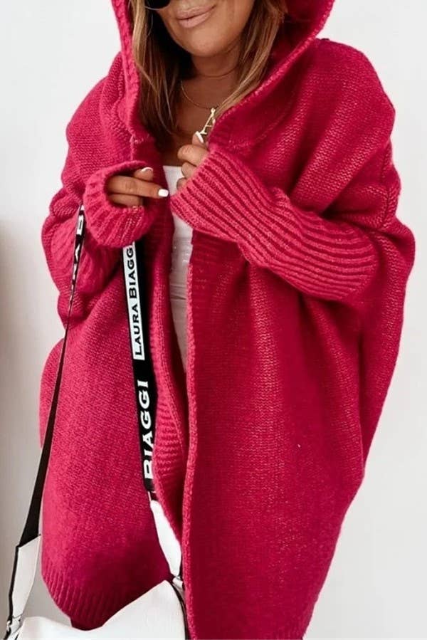 Plain exposed seam Hooded knit long cardigan coat
