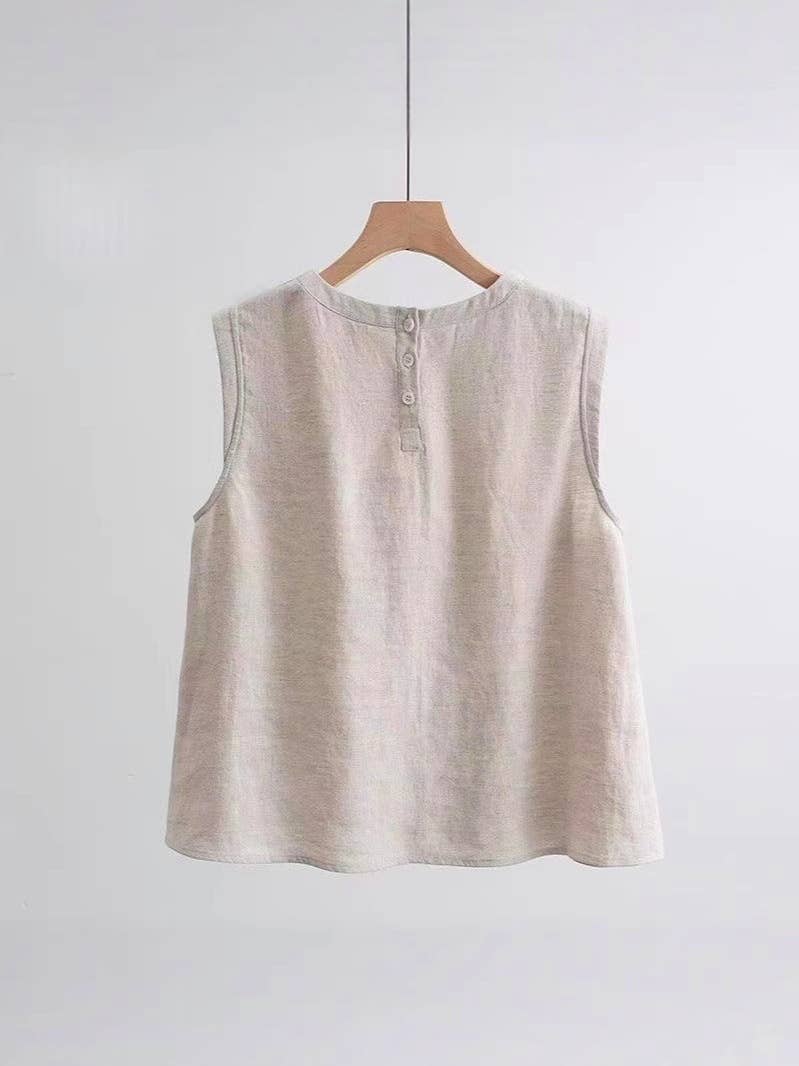 Lightweight Airy Cotton Linen Effect Boxy Crewneck Tank Top