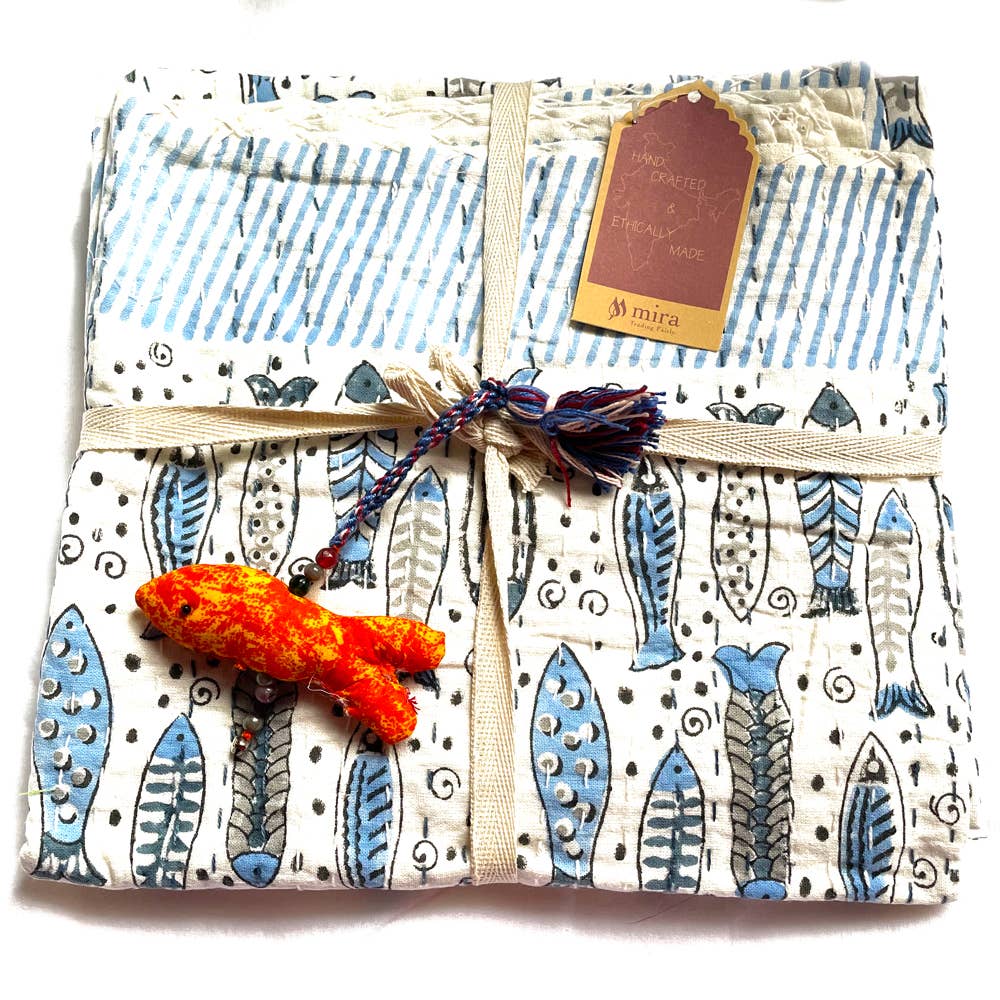 Block Printed Kantha Baby Blanket - Fish Print