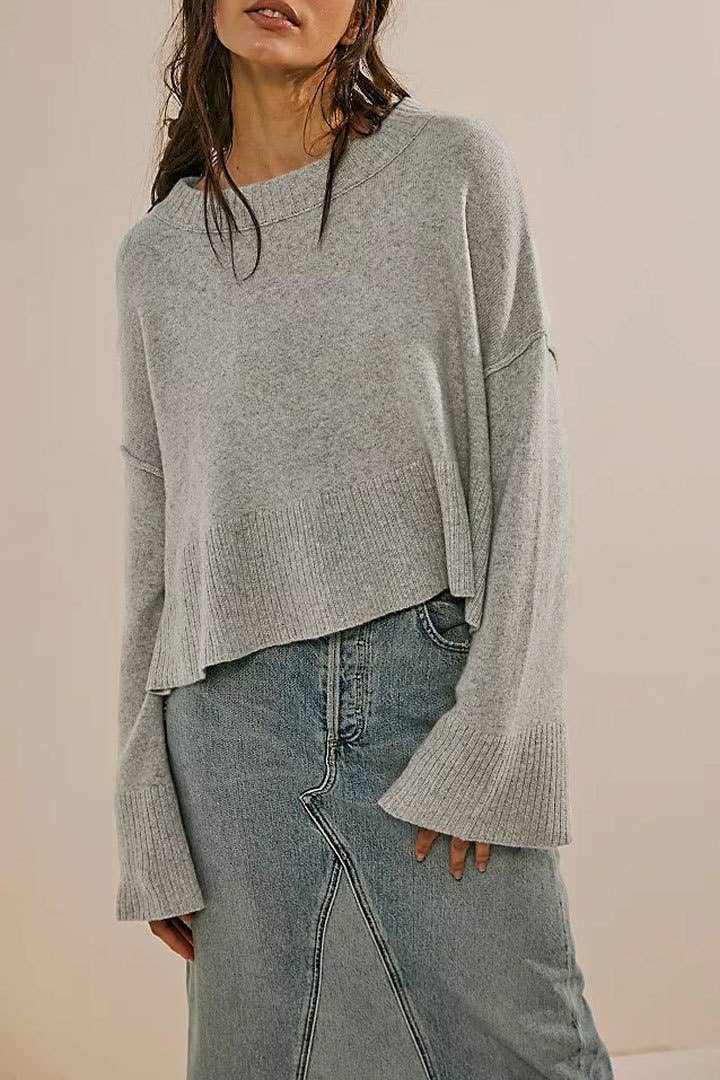 Slouchy plain flare sleeve knit sweater jumper