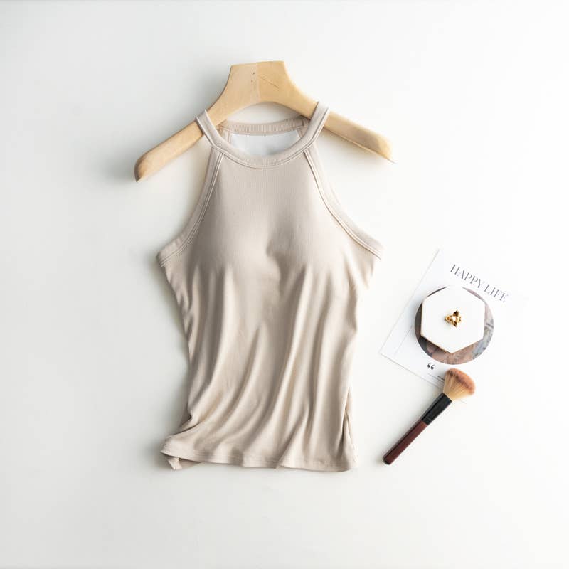 Regular basic halter neck shelf bra rib tank top