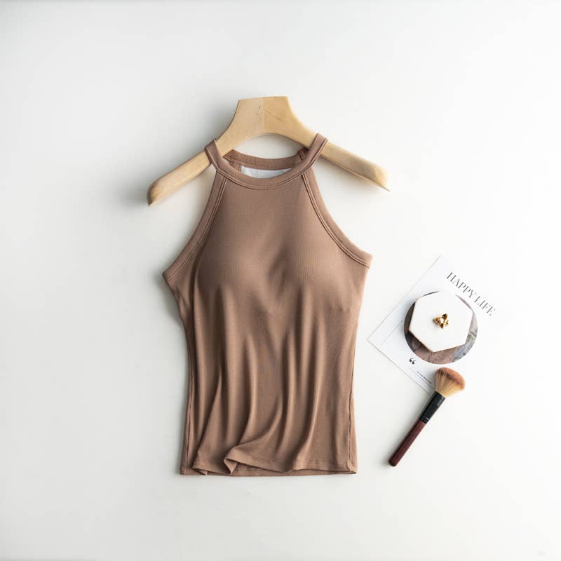Regular basic halter neck shelf bra rib tank top