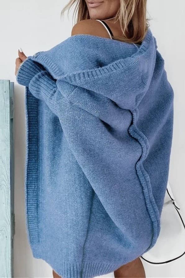Plain exposed seam Hooded knit long cardigan coat