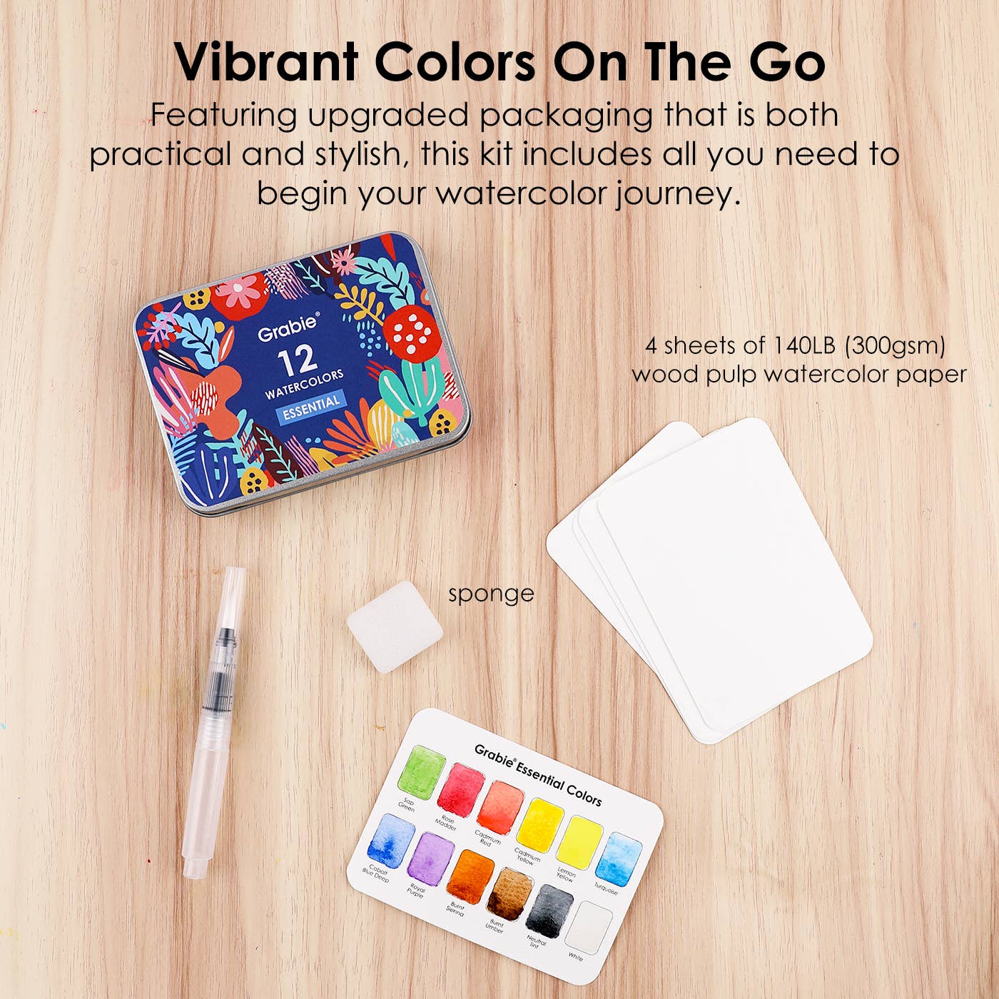Grabie Watercolor Set Of 12 With Brush - Essential Colors