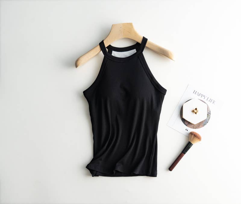 Regular basic halter neck shelf bra rib tank top