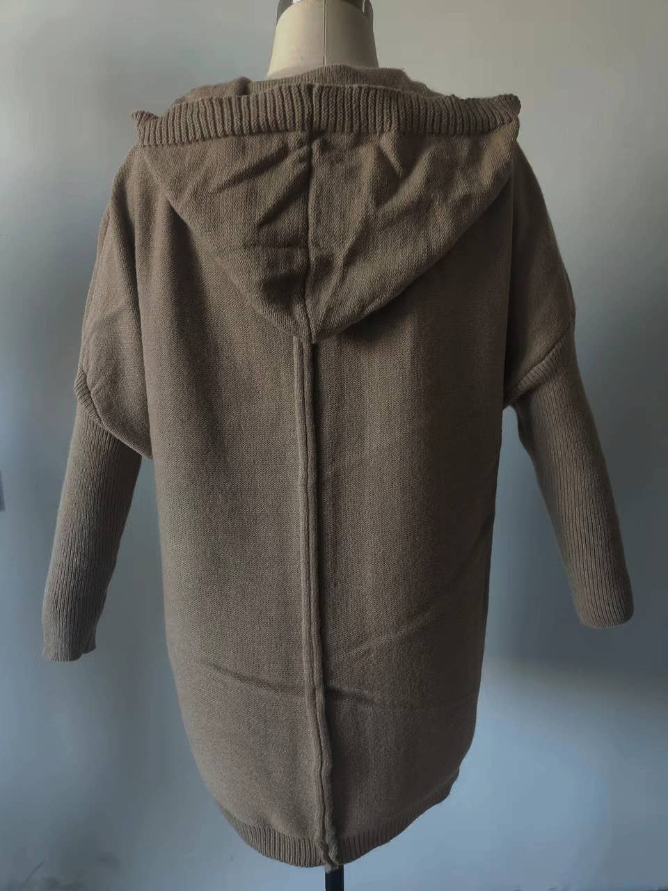 Plain exposed seam Hooded knit long cardigan coat