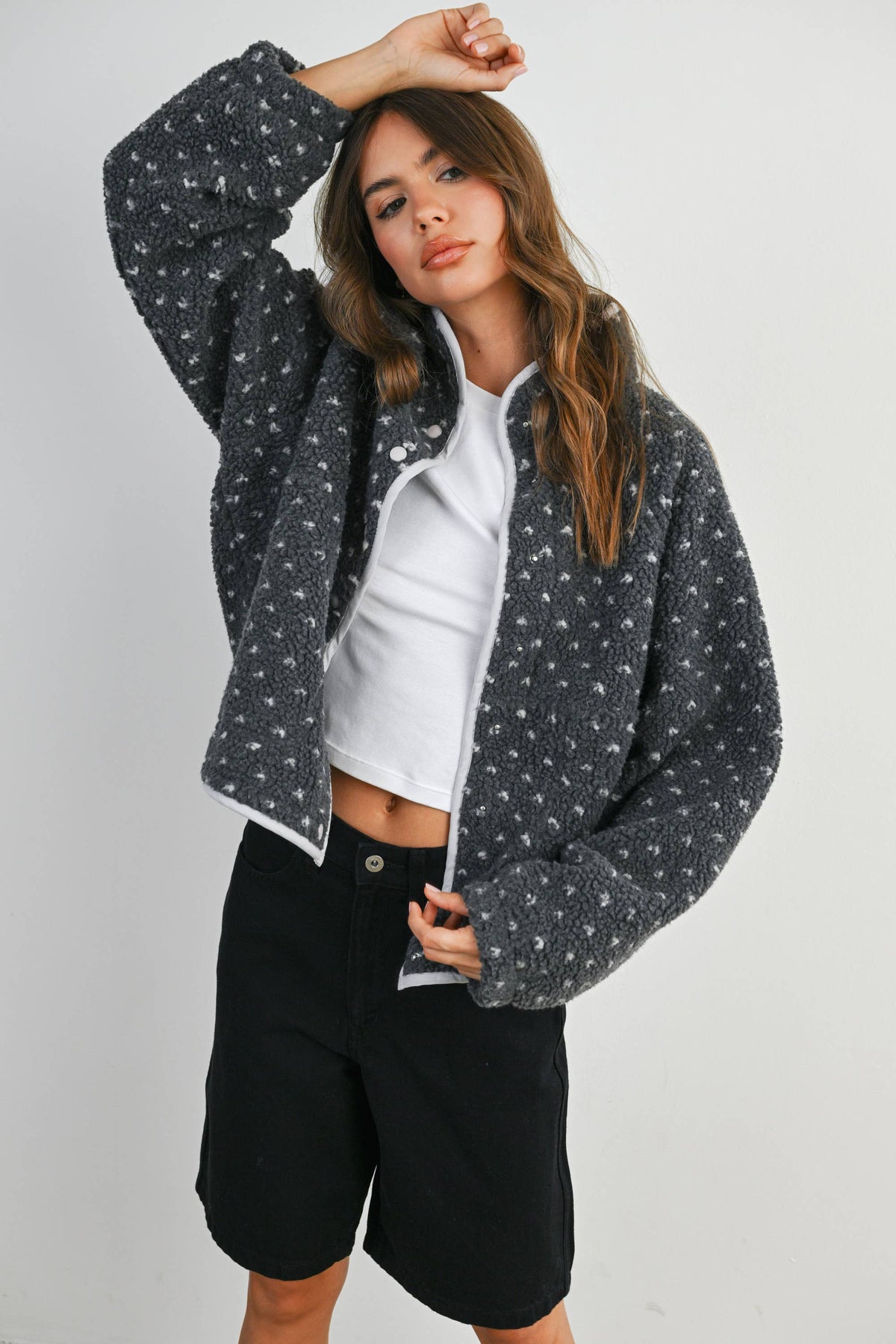 The Fern Dot Sherpa Fleece Snap Jacket-BMJ7831