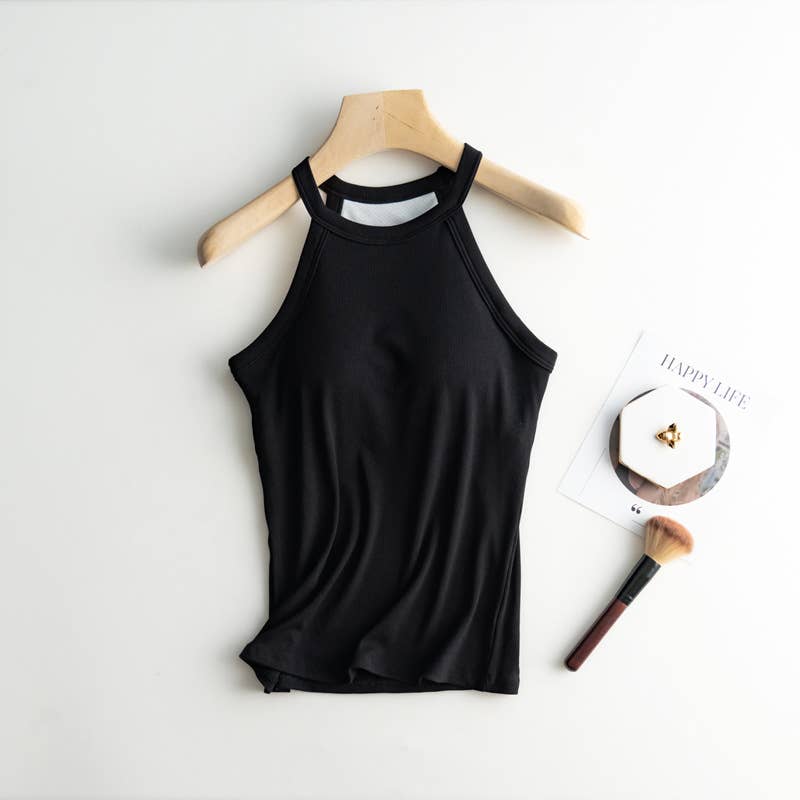 Regular basic halter neck shelf bra rib tank top