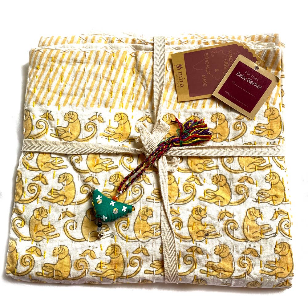 Block Printed Kantha Baby Blanket - Monkey Print