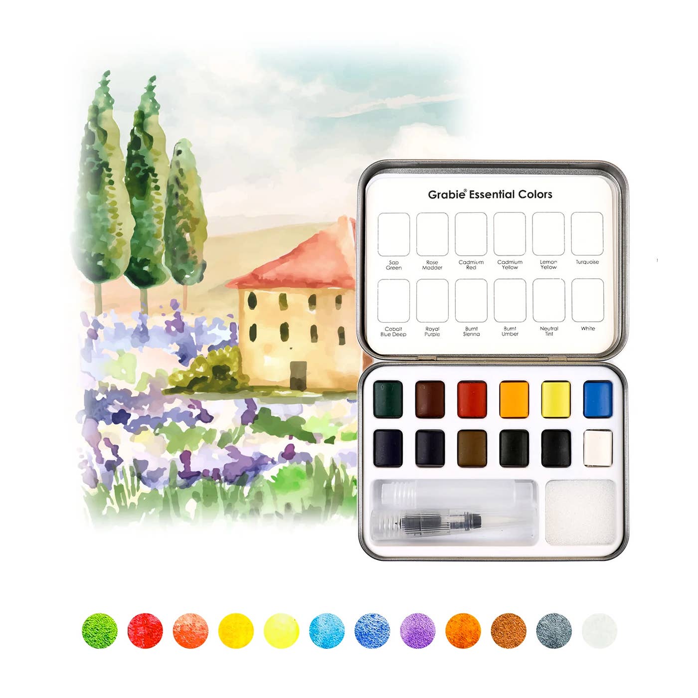 Grabie Watercolor Set Of 12 With Brush - Essential Colors