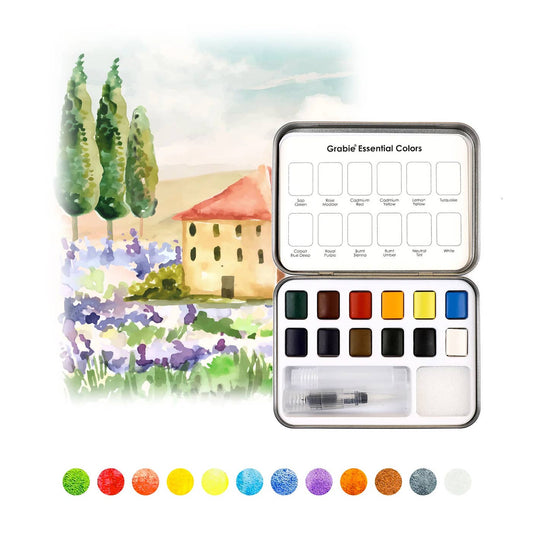 Grabie Watercolor Set Of 12 With Brush - Essential Colors