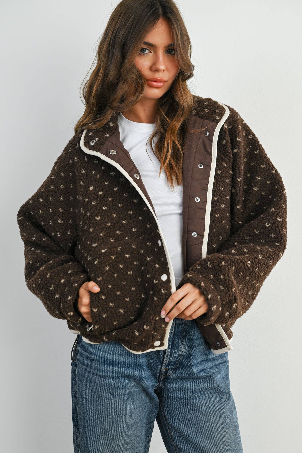 The Fern Dot Sherpa Fleece Snap Jacket-BMJ7831